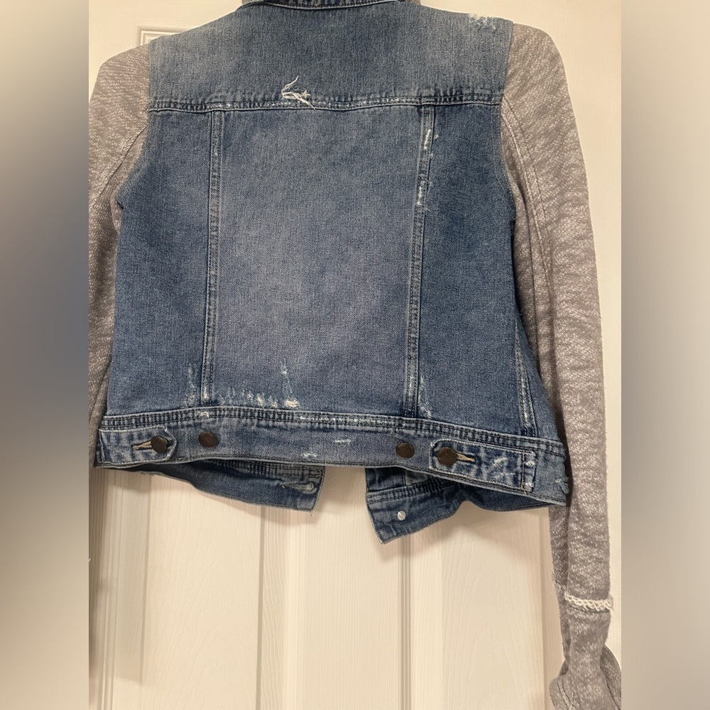 Free people Distressed Denim jacket with knit sleeves and hoodie